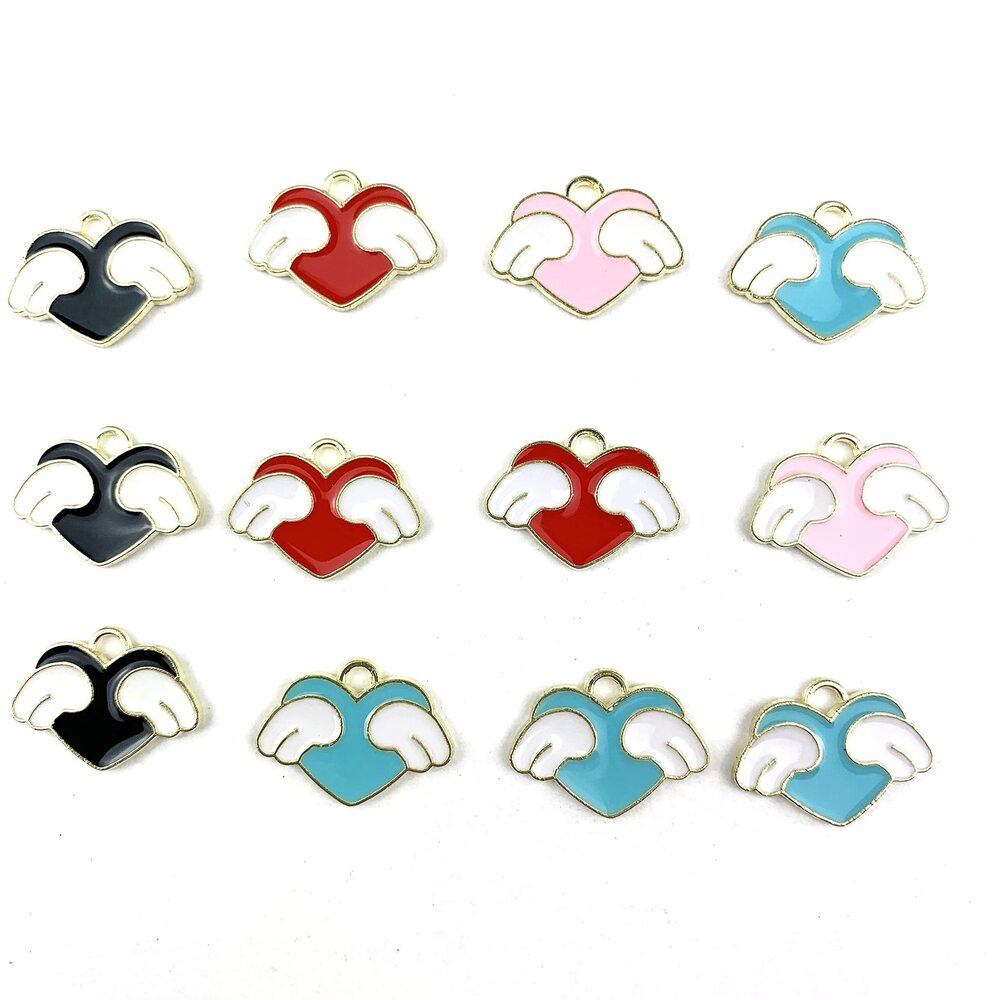 1756 20PC Gold Plated Mixed Love Heart Angel Wings Alloy Enamel Charms